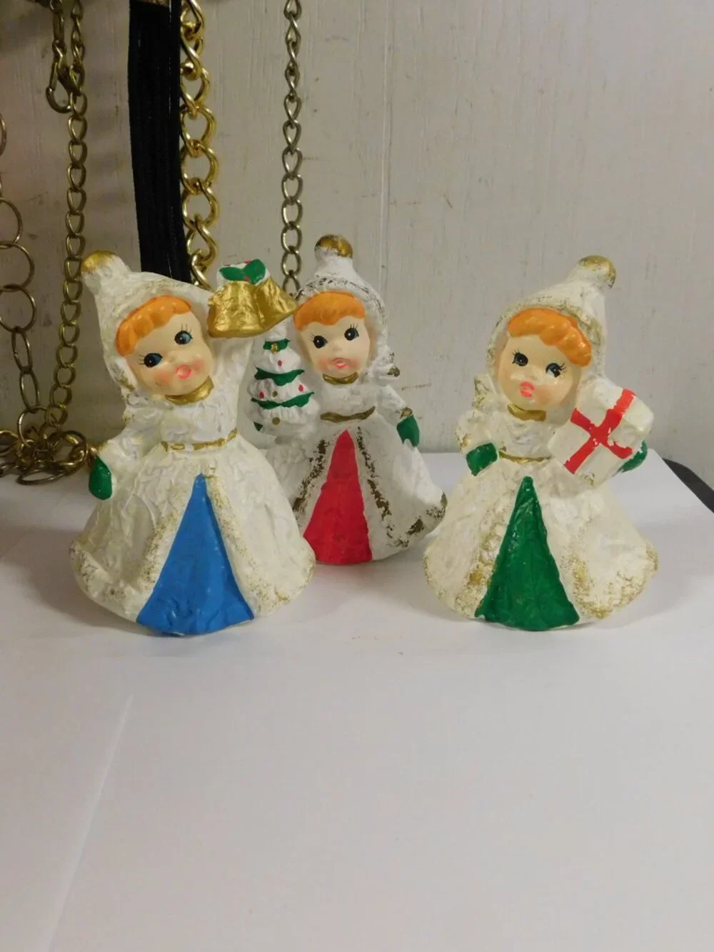 Vintage Paper Mache Angels Set of Angels Holding Tree , Present , Bells